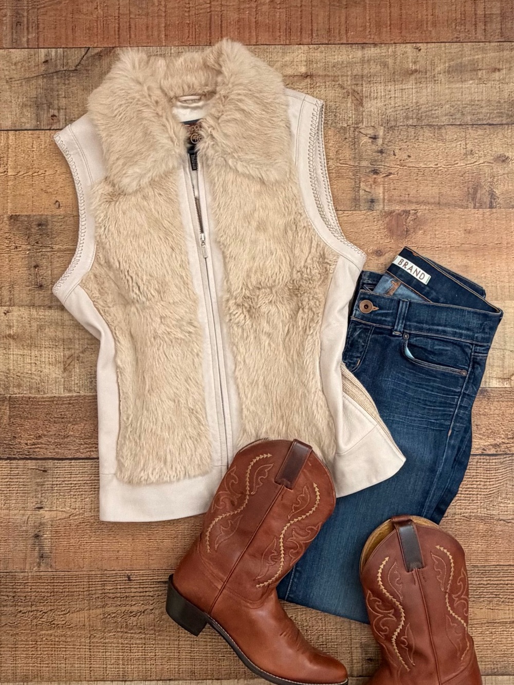 Cripple Creek Leather Sweater Vest Fur Accent, Crystals on Upper Back